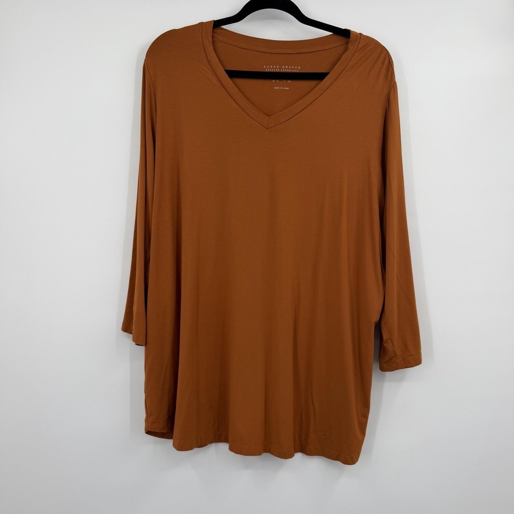 Susan Graver Tunic Womens 1X Burnt Orange Liquid Knit Stretch Relaxed Slinky